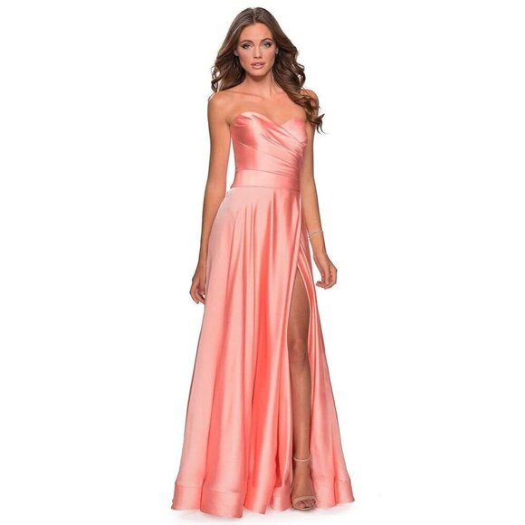 LA FEMME Strapless Slit Satin Ballgown in Peach Size US 0 - Picture 2 of 9